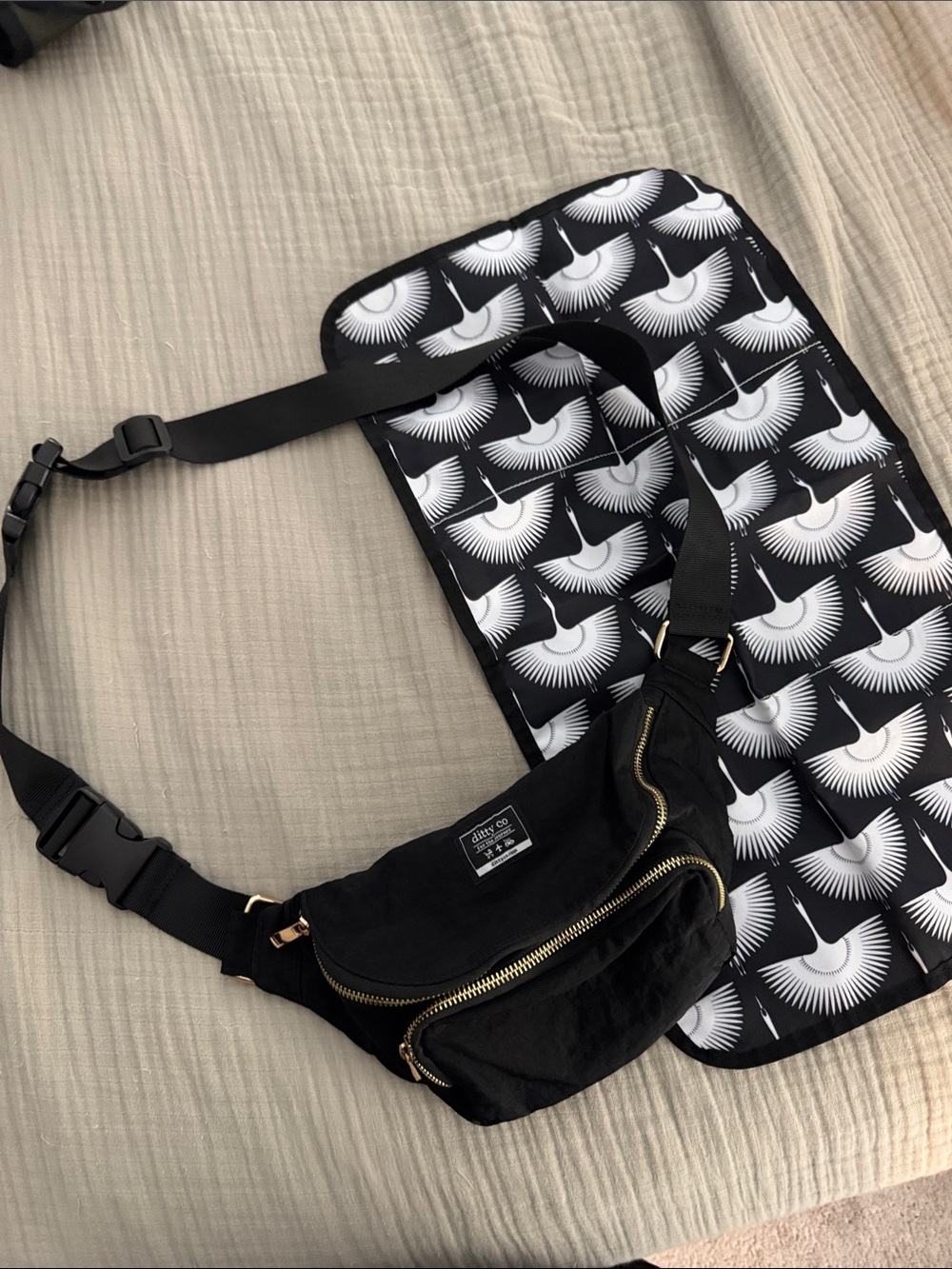 Ditty Co. Lanikai Black Small Diaper Bag / Fanny Pack with Portable Changing Pad